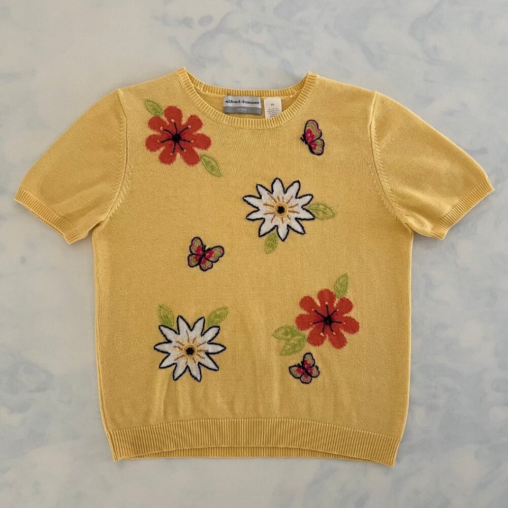 Alfred Dunner Bright Yellow Petite Floral Embroidered Short Sleeve Blouse